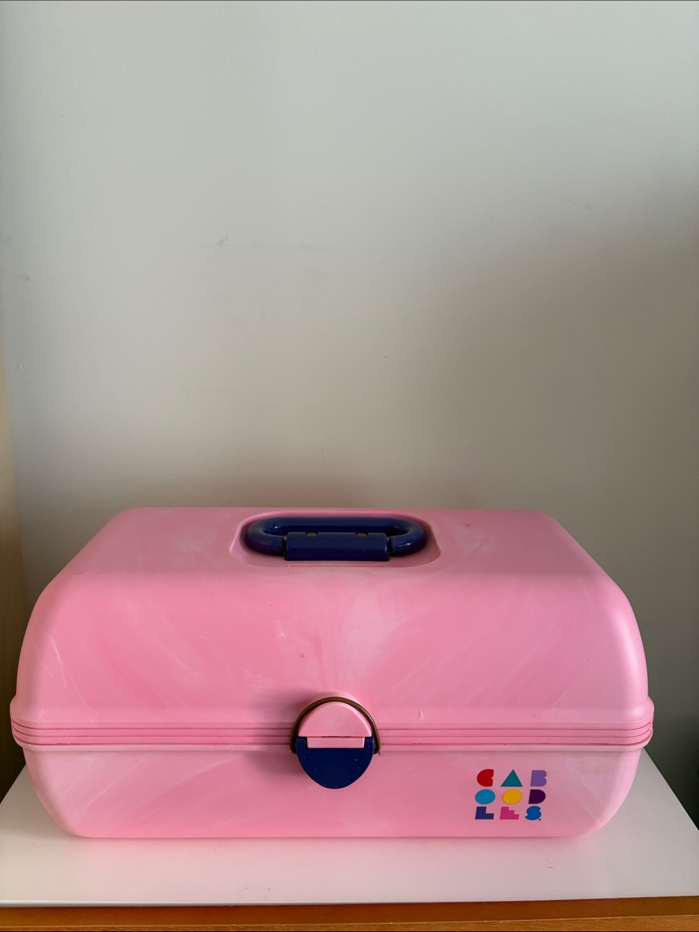 Vintage Caboodles Pink Train Case with Blue Accents